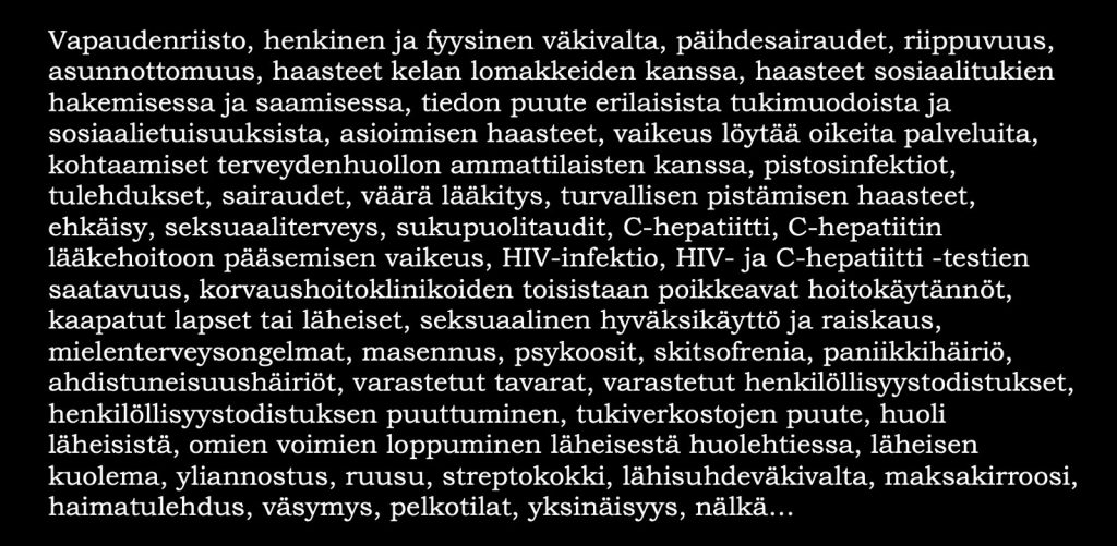 Tukialus akohtaa kaduilla ihmisiä joilla on monia ongelmia. Kuvassa on lueteltu niitä teksimuodossa. Esimerkkeinä masennus, psykoosi, nälkä, yksinäisyys, C-hepatiitti.