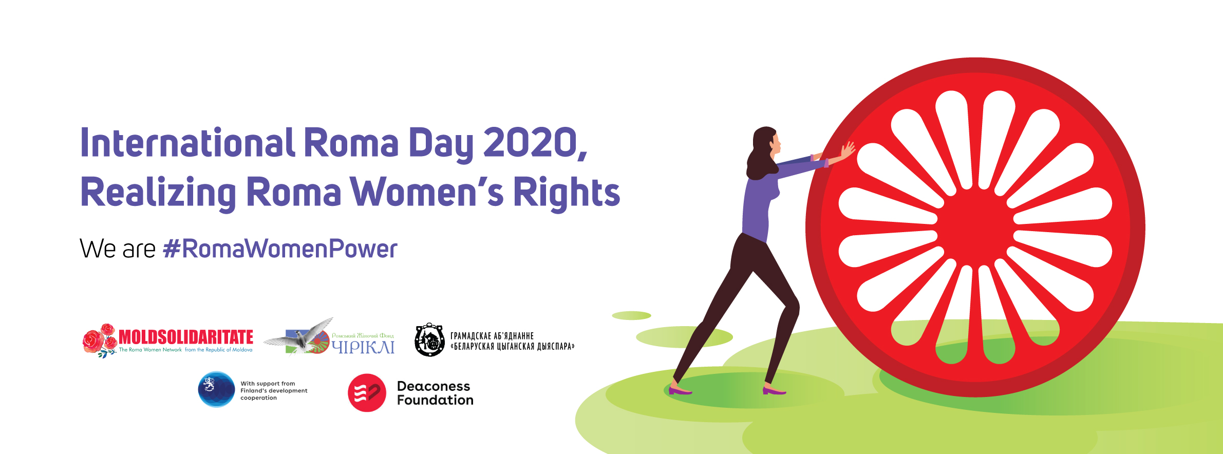 Picture with a text: Internatiol Roma Day 2020, Realizing Roma women's Rights. We are #RomaWomenPower