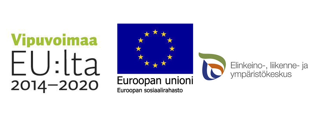 Kolme logoa: ohjelman Vipuvoimaa EU:lta 2014-2020, Euroopan unionin ja Elinkeino-, liikenne ja ympäristökeskuksen.