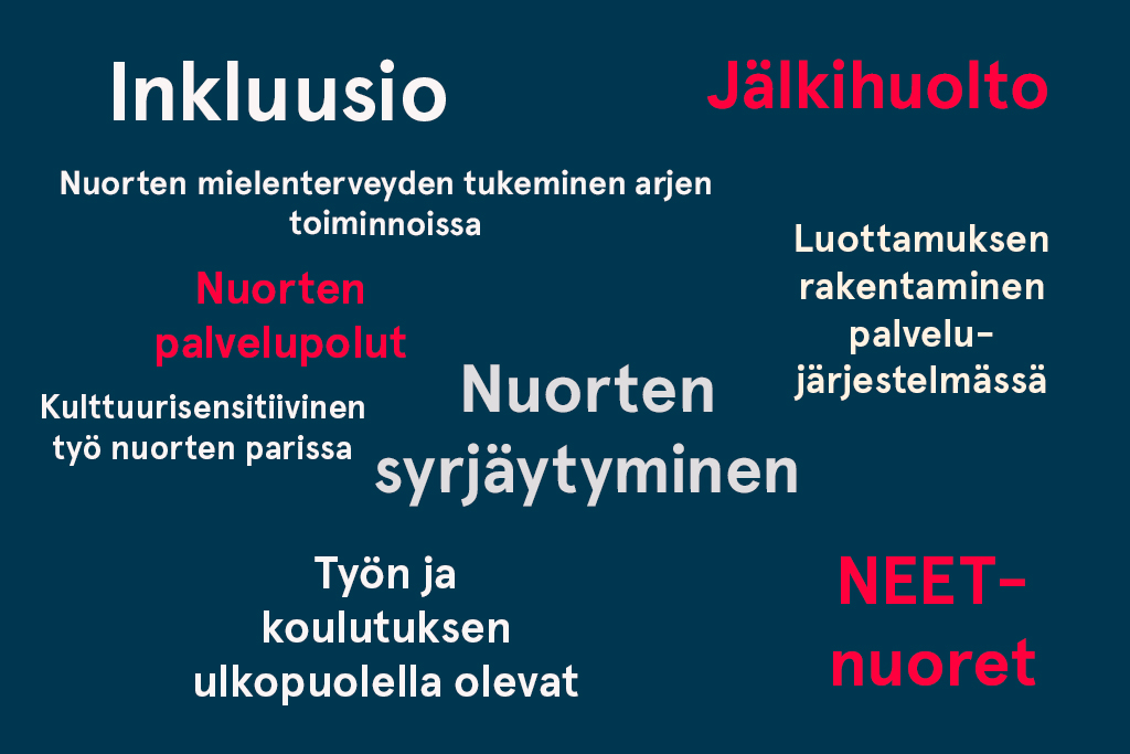 Asiantuntijoidemme aiheita ovat mm. inkluusio, jälkihuolto, neet-nuoret, nuorten palvelupolut.