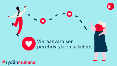 Piirroskuvassa kaksi henkilöä ja teksti Vieraanvaraisen perehdytyksen malli.