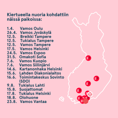Nuorten ohjelman kiertue vieraili kahdeksassatoista toimipisteessä ympäri Suomea huhti-elokuun aikana.