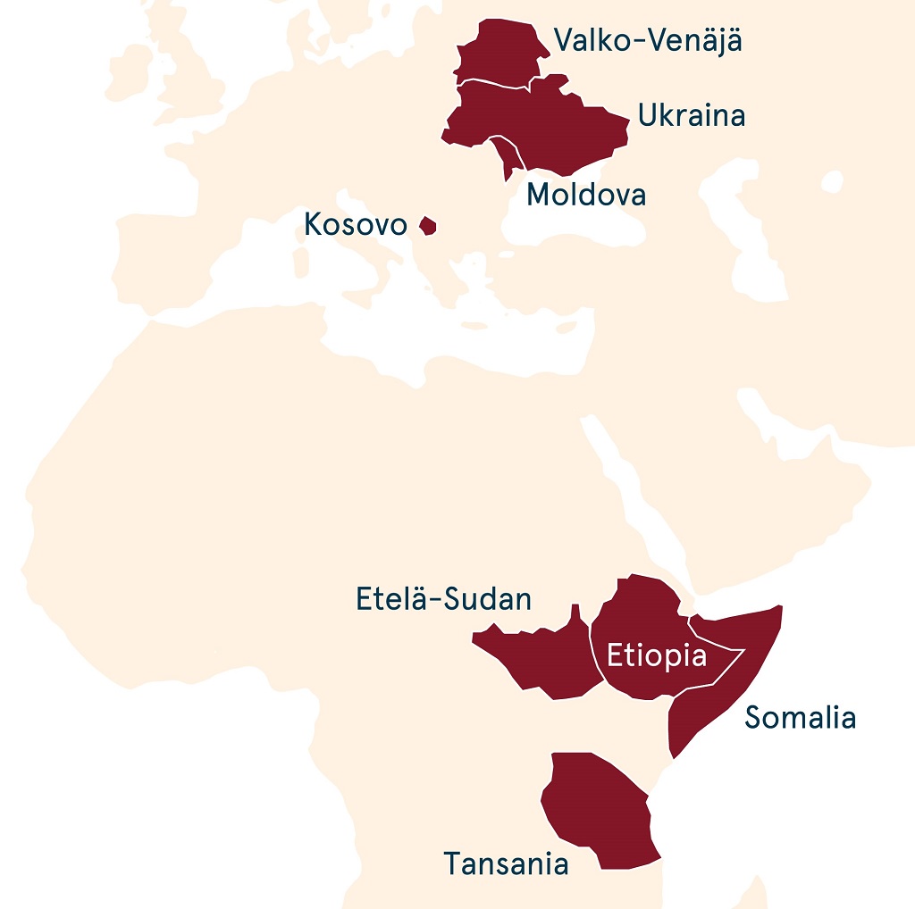 Diakonissalaitoksen kehitysyhteistyöohjelma toimii Kosovossa, Moldovassa, Ukrainassa, Valko-Venäjällä, Etiopiassa, Etelä-Sudanissa, Somaliassa ja Tansaniassa.