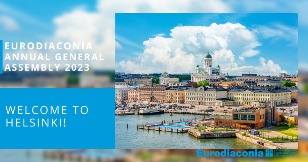 Helsinki mereltä kuvattuna. Tekstissä Eurodiaconia Annual general Assembly 2023. Welcome to Helsinki!