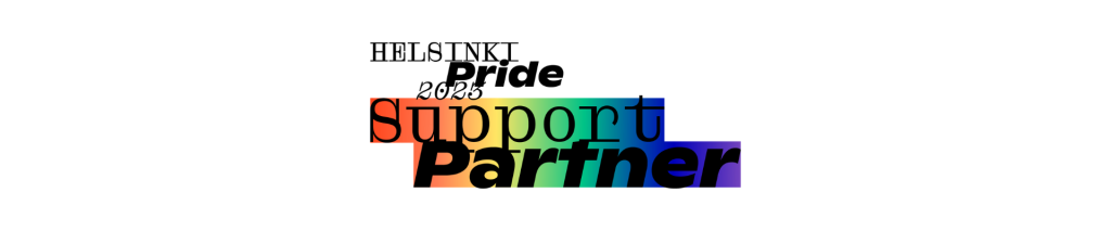 Valkoisella pohjalla logo, jossa teksti Helsinki Pride 2023 Support Partner.