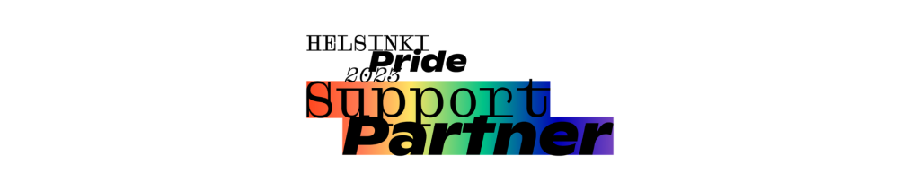 Valkoisella pohjalla logo, jossa teksti Helsinki Pride 2023 Support Partner. 