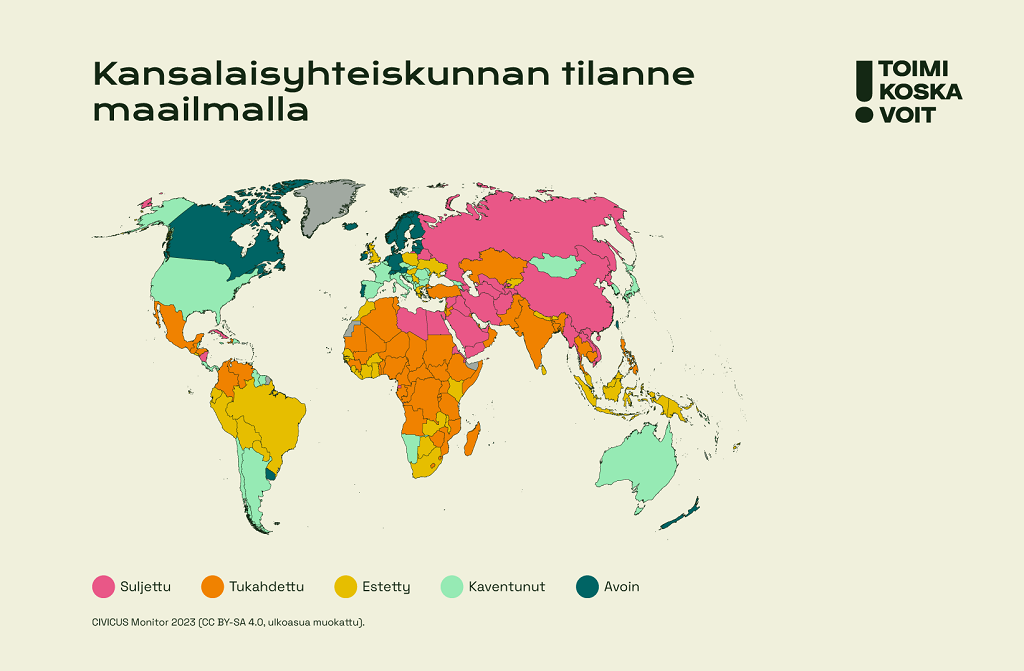 Maailmankartta näyttää, että monissa maailman maissa kansalaisyhteiskunnan toimintaa rajoitetaan.