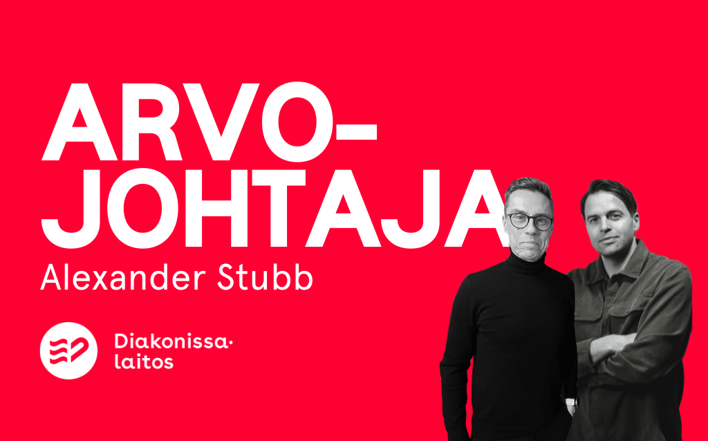 Punaisella pohjalla teksti Arvojohtaja - Alexander Stubb. Kuvan oikeassa laidassa mustavalkoinen kuva, jossa toimittaja Kimmo Ohtonen ja poliitikko Alexander Stubb.