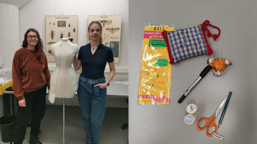 Two people standing next to a mannequin. Sweing supplies on a table.