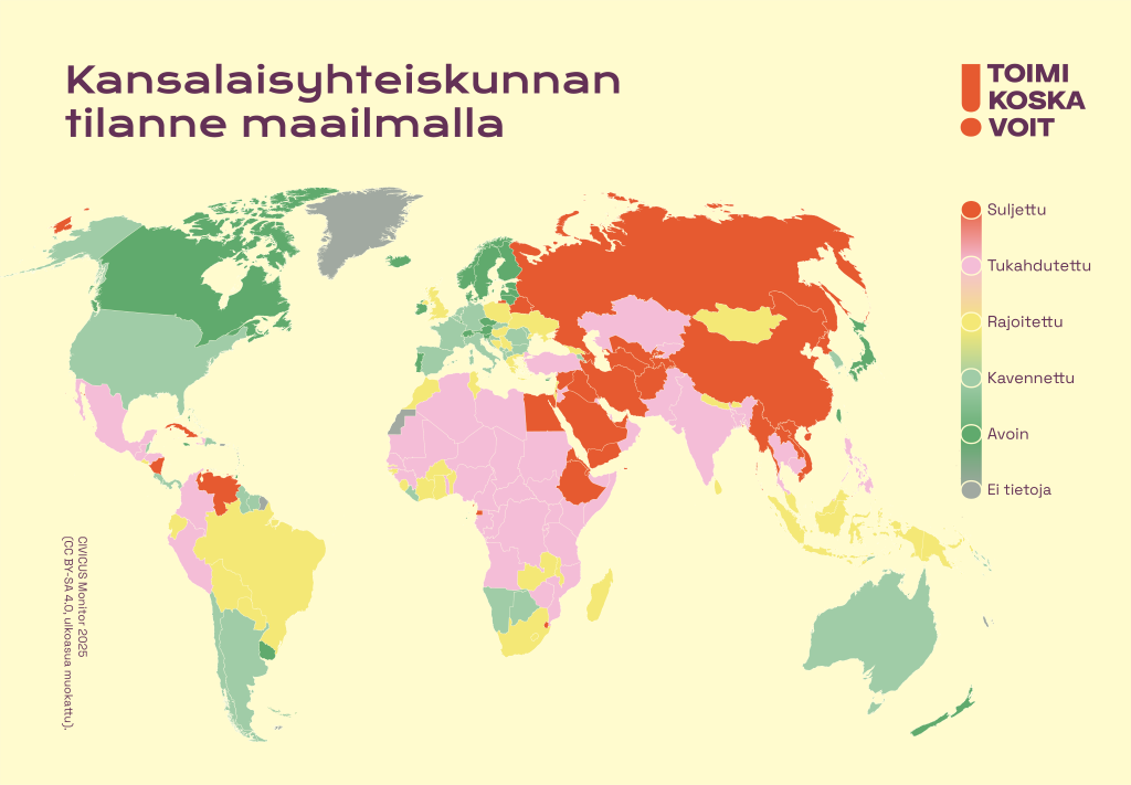 Maailmankartassa näkyy, että kansalaisvaikuttamista rajoitetaan suurimmassa osassa maailmaa.