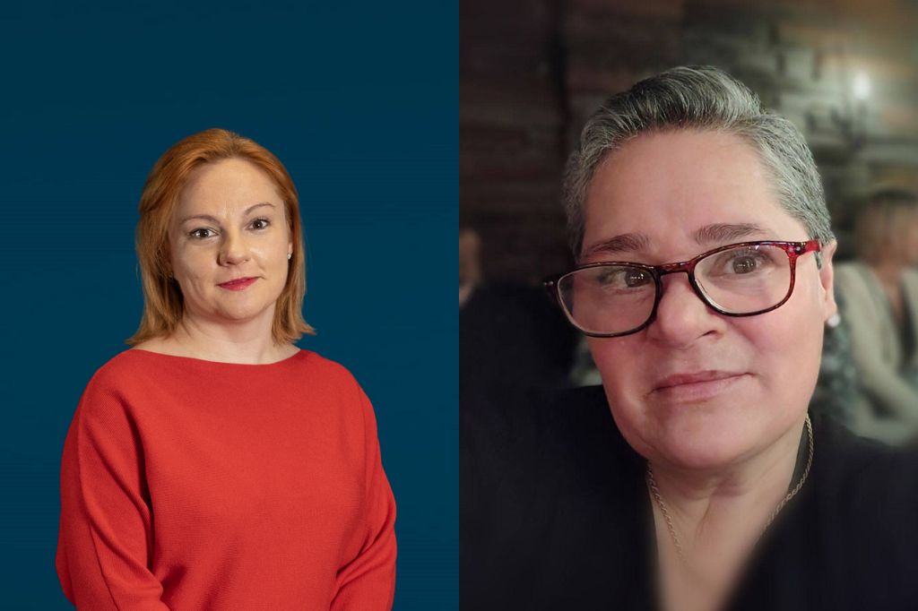 Punapukuinen nainen tummansinisellä taustalla ja kasvokuva lyhythiuksisesta naisesta rinnakkain.